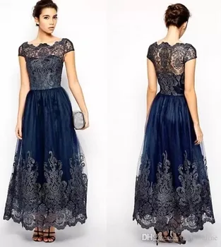 2022 Елегантни рокли за майката на булката Тъмно синьо дантелени апликации с Дължина до глезена Сватбена рокля За гости, Луксозни вечерни рокли За майките