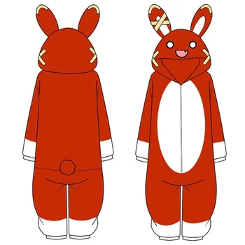 Играта Genshin Impact Янтарна Облекло за cosplay, фланелевая цельнокроеная пижама с красиви заячьими уши, червената домашно облекло