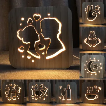 Дървена Нощно Осветление Led 3D Визуални Лампа Любовник Сърцето Декор лека нощ ОБИЧАМ ТЕ, USB Настолна Настолна Лампа Спалня Led Подарък За Свети Валентин
