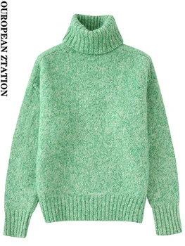 PAILETE женски 2022 модерен дебел зимен топъл свободен вязаный ретро пуловер с висока воротом и дълъг ръкав дамски пуловери шик върховете
