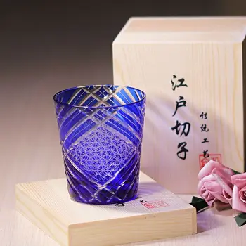 Чаша за Уиски с Гравиран в японски стил/Ръчно Рязане до Прозрачно Синьо Стъкло Чаша за Уиски, Комплект от 2 теми