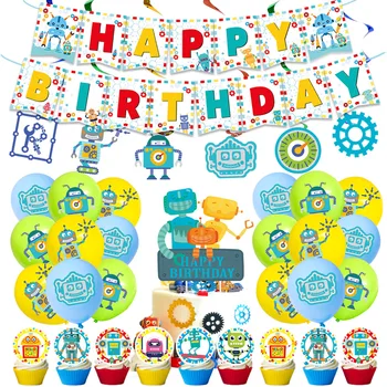 Робот На Тема Рожден Ден Украса Карикатура Робот Банер Торта Topper Балони Момчета Рожден Ден Декор За Доставка