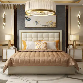 Американски Стил, Внесени Легло От Телешка Кожа Напа 1,5 Метра Основна Спалня Сватбена Двойно Легло Минималистичен Мебели За Помещения