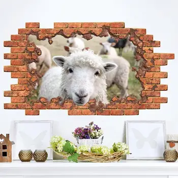 Стикер на стената на Едър Рогат Добитък, Овце в Дупката Декор на 3D Дълбочина Илюзия Дупка Ферма Стенен Интериор на Селски Vinyl Рисувани Свалящ Стикер на Стената Стикер Пози