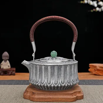 Сребърен чайник, кана от сребро проба 999, ръчна работа, парче точеного домашно китайски чай от сервиза, сребърен чайник