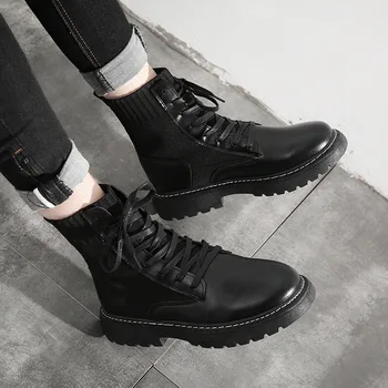 Обувки Martin/ мъжки модни нови универсални черни кожени обувки със средна дължина на британския стил, корейската версия на тренд универсална обувки с висок берцем