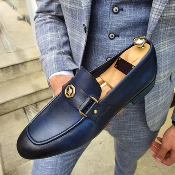 Сини мъжки лоферы, мъжки модел обувки без обков с квадратни пръсти, Безплатна Доставка, Бизнес Zapatos Hombre Vestir, Размер 38-48