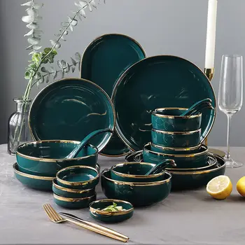 Nordic Light луксозен златна рамка emerald комплект керамични съдове за готвене, прибори, апарати и чинии nordic кухня