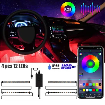 4шт 48 Led Ленти USB LED RGB Атмосферни Ивица Светлина 12-24 В Led Светлини за Стая на Гласово Управление на Интериора на Автомобила Околното Осветление Неон