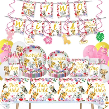 Розово Див Два Рожден Ден Балон Джунглата Сафари Вечерни Горски Украса Момичета за Първи 1-ви Рожден Ден на Сафари в Джунглата Вечерни Аксесоари