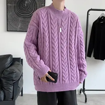 2021 нов вязаный пуловер с кръгло деколте, есенно-зимния мъжки вязаный дебел вълнен усукани пуловер, пуловер