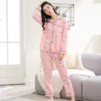 Дамски корея, дамски пижами от памук с дълъг ръкав, панталони пълна дължина, есенно-зимна пижама, нов домашен комплект, пижамные комплекти, пижамный комплект