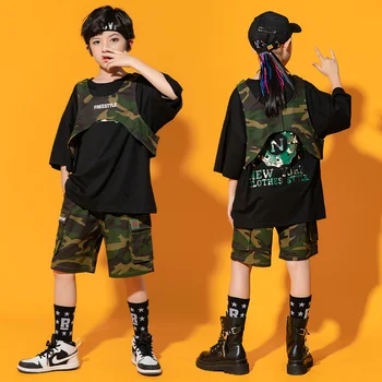 Детски модни дрехи в стил хип-хоп, лятна джаз жилетка в един функционален стил за момичета, дрехи за изказвания в стил хип-хоп за момчета, Камуфляжная мода