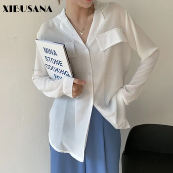 Офис Дамска Бяла Блуза За Жените 2021, Нови Летни Ризи с дълъг Ръкав, Дамски Свободни Тънки Однобортные Върхове, Блузы С джобове