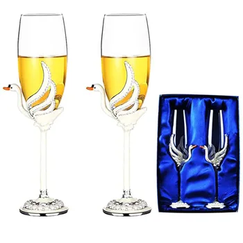 2 елемента 200 мл Сватбени Чаши За Шампанско Кристал Творчески Бял Лебед Емайл Crystal За Наздравици Чаша За Вино Вечер Декор Чаша Подарък Кутия