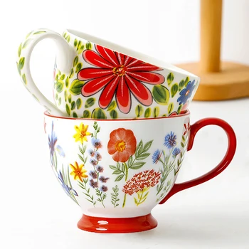 Европейската Керамична Чаша за Офиса и Дома си с ръчно изрисувани Флорални Мотиви Чашата за Кафе от Порцелановите Чаши за Горещ Шоколад INS дръжка Кафеена Чаша