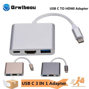 USB C HDMI-Съвместим Конвертор Адаптер Type C в HD/USB 3.0 / Type-C Алуминий за Macbook Pro Samsung S9 S10 Huawei P20 P30