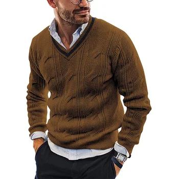 Мъжки Модерен Тънък Вязаный Пуловер в Контрастен Цвят с V-образно деколте в стил харадзюку, Вязаный Топ с дълги ръкави, Есенно-Зимния Пуловер с Дъното, мъжки