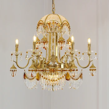 Европейската медна лампа френска изцяло медна кристален полилей хол с трапезария и стълбище луксозна вила дворцовата атмосфера