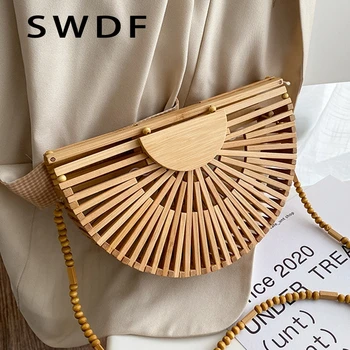 доставка от Дизайнерска Луксозна лятна чанта 2023 г. на жените, чанта на рамото, полукръгли бамбук тканая плажна чанта, Портфейл за Мобилен Телефон
