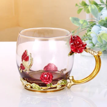 Красотата На Пеперуда Эмалированная Стъклена Чашата За Кафе Чаша На Цвете Чай В Стъклени Чаши За Топли И Студени Напитки Чаена Чаша Комплект Лъжици Двойка Сватбен Подарък