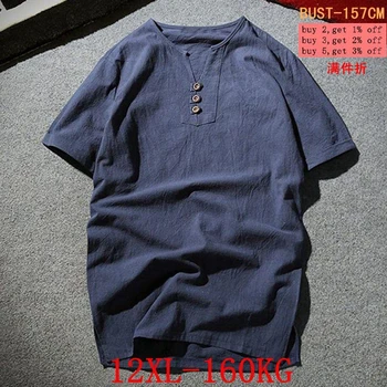 Лятна мъжка риза от лен, с V-образно деколте, големи размери, 5XL, Бельо тениска в японски стил, Памук къс ръкав, 7XL 8XL 9XL 10XL 12XL Vi