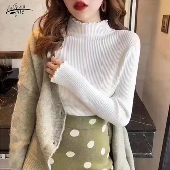 2021 есенно-зимни есенно-зимна риза с висока воротом, тънка риза с дълги ръкави, блузи, женски вязаный пуловер пуловер, женски 16466