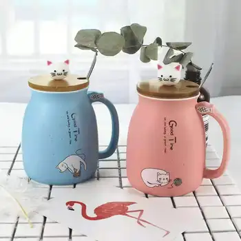 Креативен цветен котка термостойкая чаша карикатура с капак 450 мл чаша коте кафе керамични чаши детска чаша офис на Съдове за Напитки подарък