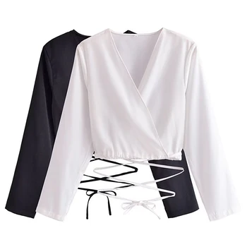 Дамски блузи PB & ZA, черно-бели есенни блузи 2022 г., Модни празнични свободни блузи с дълъг ръкав, ежедневни къси блузи дантела