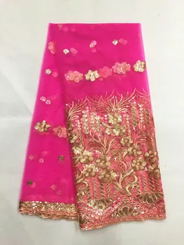 5 Ярда/бр Красиво френското сетчатое дантела цвят на фуксия розов цвят със златни пайети, африканска мрежа лейси плат за рокли JN2-1